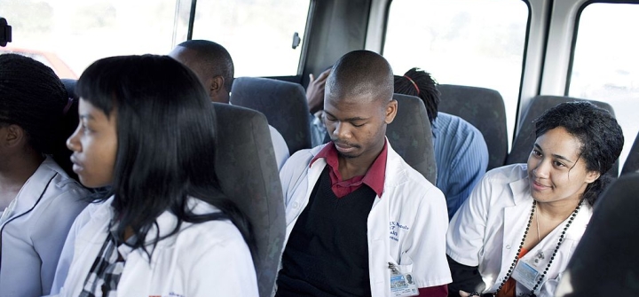 Medical students travel on a bus to GF Jooste hospital on October 20, 2010, Cape Town, South Africa. 