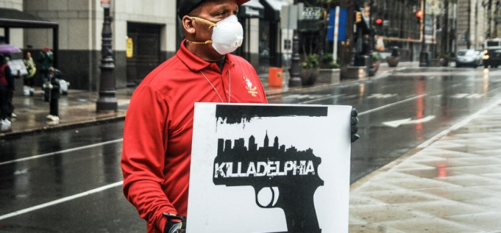 A member of Stop Killing Us protests 13% increase in Philadelphia’s murder rate during the pandemic. April 21, 2020. Image: Cory Clark/NurPhoto via Getty Images