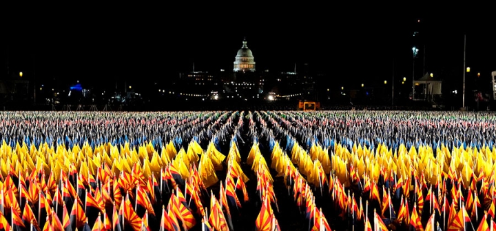 A “Field of Flags” on the National Mall sets the stage for President-elect Biden’s inauguration, representing the thousands who wouldn’t be able to attend because of the pandemic and tight security, Jan. 18, 2021, Washington, DC. Image: Timothy A. Clary/A