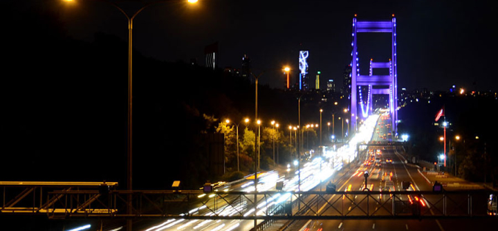 Fatih Sultan Mehmet Bridge illuminated during World Alzheimer's Day in Istanbul, Turkey. September 21, 2021.