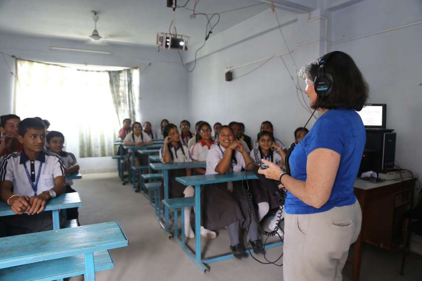 Joanne Silberner in classroom in Nepal