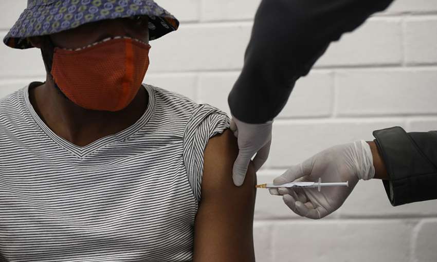 An early participant in the Oxford coronavirus vaccine trial in Soweto, South Africa on June 24, 2020. Image: Siphiwe Sibeko/AFP/Getty