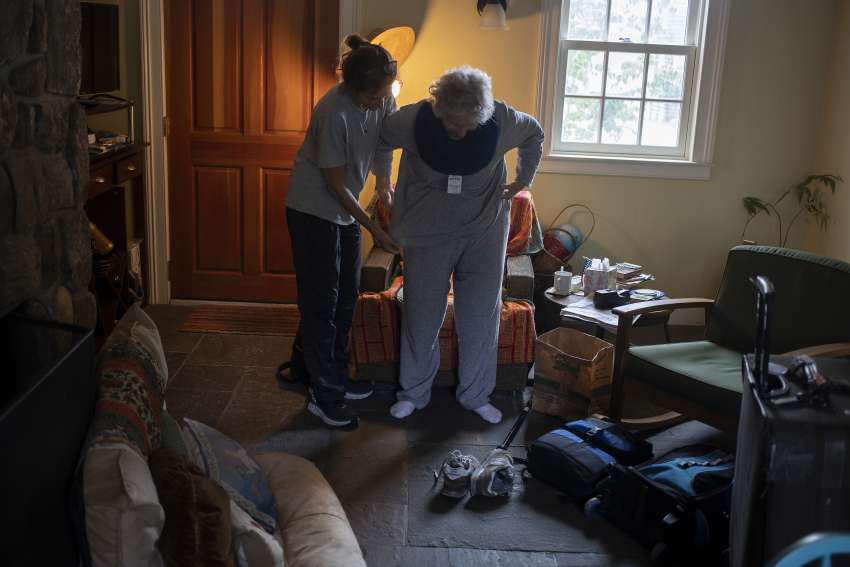 Cynthia Crawford, 87, despite a stroke and increasing signs of dementia, is trying to hold on and live her last few years in her own home on July 1, 2021 in the village of Stonington, Connecticut. It is a difficult decision because she requires supervision and care with daily tasks. (Photo by Andrew Lichtenstein/Corbis via Getty Images)