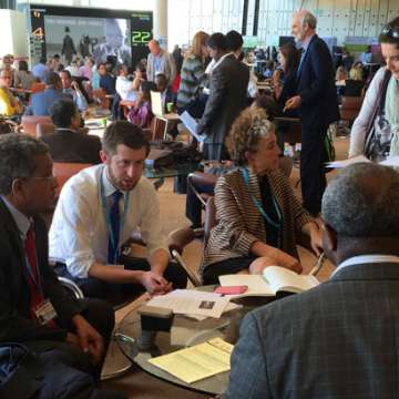 Ahmed Fahal (second from left) and other mycetoma researchers plot their next steps at the World Health Assembly in Geneva.
