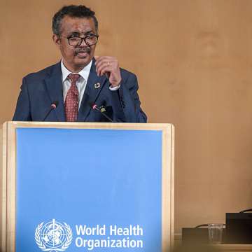 World Health Organization (WHO) Director-General Tedros Adhanom Ghebreyesus delivers a speech on the opening day of the World Health Assembly, an annual meeting with health representatives to discuss a range of global health issues, on May 21, 2018 in Geneva 