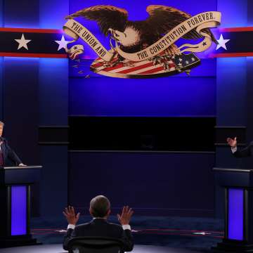 Donald Trump and Joe Biden spar in the first presidential debate. Cleveland, Ohio, September 29, 2020. Image: Scott Olson/Getty
