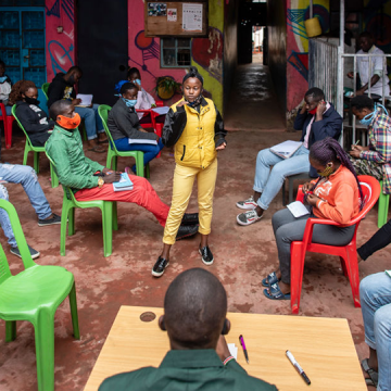 A teen girl presents her case at a debate on contraception at the Billian Music Family Resource & Leadership Centre in Mathare Informal Settlement on July 10, 2020 in Nairobi, Kenya. Image: Alissa Everett/Getty
