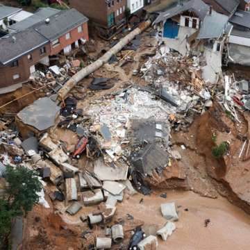 Aerial view from today of the flood’s destruction in the Blessem district of Erftstadt, western Germany. Image: Sebastien Bozon/AFP/Getty