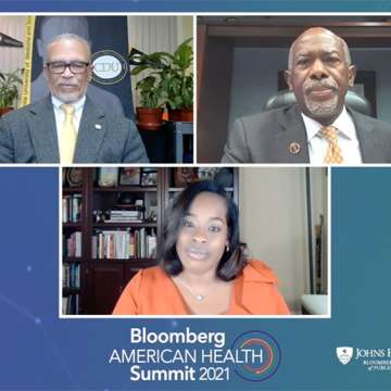 David Carlisle, James E.K. Hildreth, and Michelle Spencer discussing health disparities at the virtual Bloomberg American Health Summit, Nov. 10, 2021. 