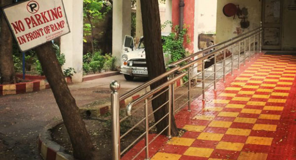 Wheelchair ramps are not often seen in many Indian cities, and those that are available are often too steep for independent use. This ramp, which is appropriately sloped, is at the Office of the Chief Commissioner for Persons with Disabilities.