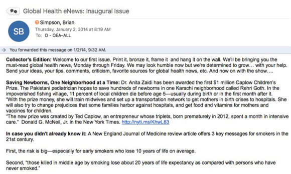 Screenshot of GHN's Inaugural Enewsletter, January 2, 2014