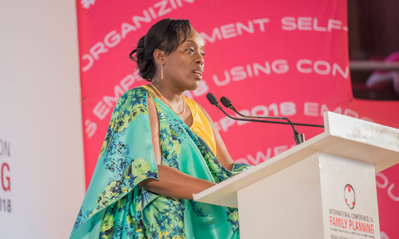 Rwanda’s Minister of Health Diane Gashumba, giving an address at the opening ceremony of ICFP 2018.