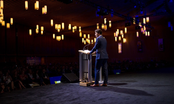 Canadian Prime Minister Justin Trudeau addressing the Women Deliver conference on June 4, 2019 in Vancouver.